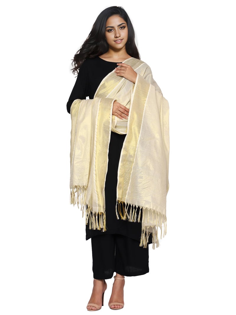 Fashily Tissue Women's Kerala Kasavu Off White Dupatta Length 2.2M | Width 46 Inches (Gold Kasavu) - Image 2