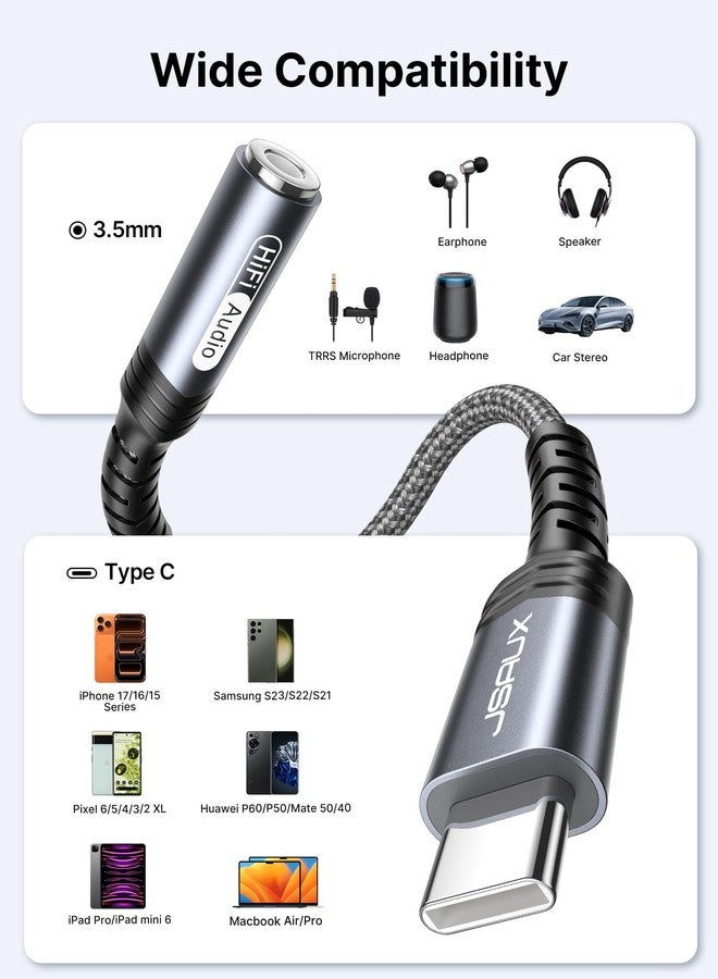 JSAUX USB Type C to 3.5mm Female Headphone Jack Adapter, USB C to Aux Audio Dongle Cable Cord Compatible with iPhone 17 16 Pro Max/15 Pro, Samsung Galaxy S24/S23/S22 Ultra, iPad Pro, Pixel 9/8 (Grey) - Image 5