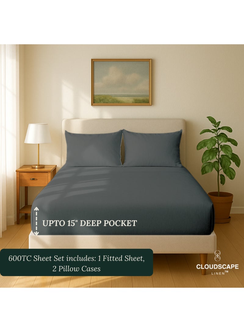 كلاود سكيب لينين Cloud Scape Linen 600 Thread Count Egyptian Cotton Sheet Set( Single, Charcoal) - Image 3