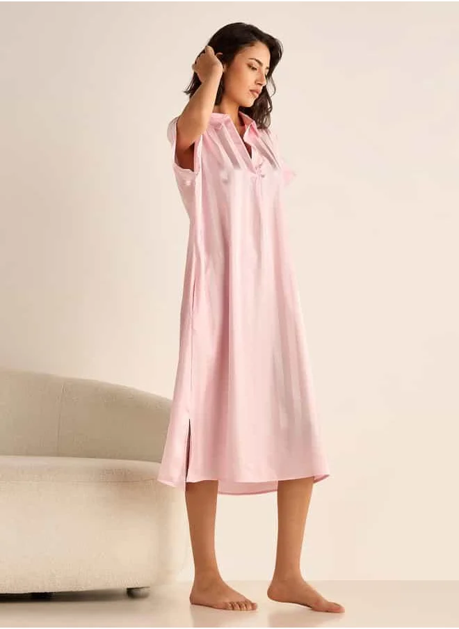 فاف Striped Jacquard Night Dress with Collar and Short Sleeves