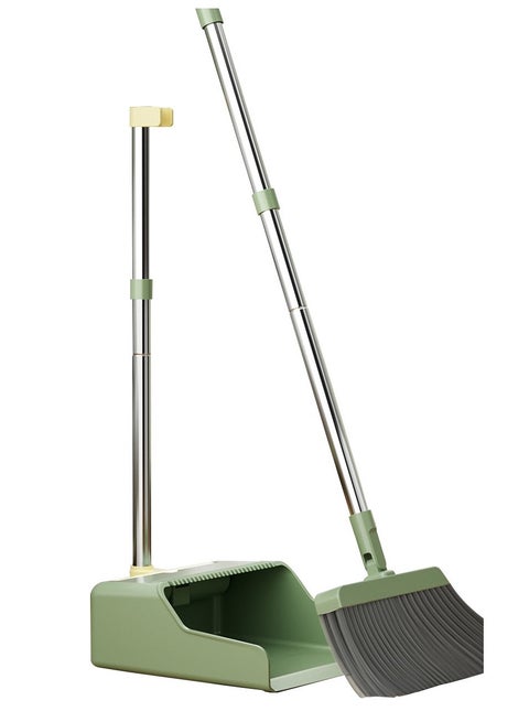 VISIO Long-Handled Dustpan & Broom Set – Indoor/Outdoor Upright Sweeper, Green & Yellow, VC-130