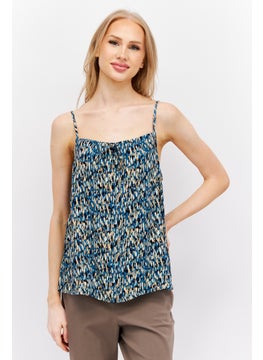 ESPRIT Women Square Neck Sleeveless Allover Print Top, Teal Green Combo  - Image 1