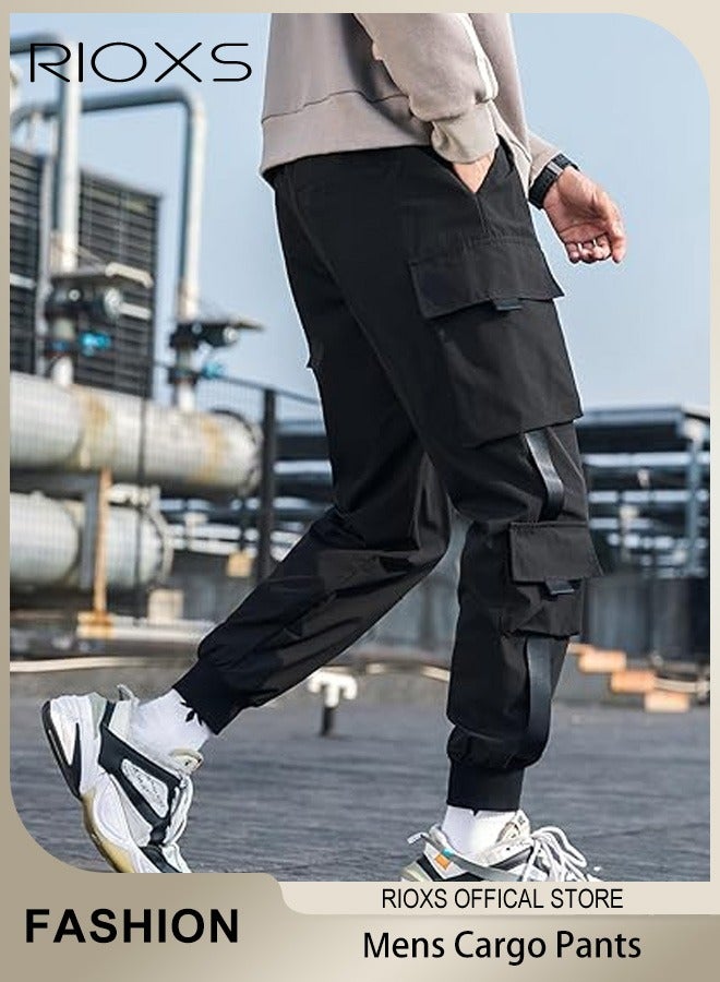 ريوكس بنطلون كارغو رجالي، بنطلون بانك فضفاض غير رسمي مع جيوب متعددة، بنطلون رياضي رجالي بخصر مطاطي ورباط عند الكاحل، بنطلون رياضي خفيف الوزن ومسامي، بنطلون هيب هوب، بنطلون رياضي للارتداء اليومي/الشعبي، أسود - Image 3