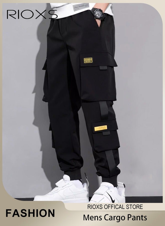 ريوكس بنطلون كارغو رجالي، بنطلون بانك فضفاض غير رسمي مع جيوب متعددة، بنطلون رياضي رجالي بخصر مطاطي ورباط عند الكاحل، بنطلون رياضي خفيف الوزن ومسامي، بنطلون هيب هوب، بنطلون رياضي للارتداء اليومي/الشعبي، أسود - Image 2