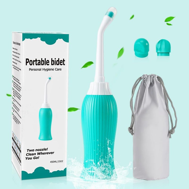 FALONG 500ml Retractable Handheld Portable BidetJet Spray for Personal Hygiene Care with 2 Nozzles and Travel Pouch Green - Image 1