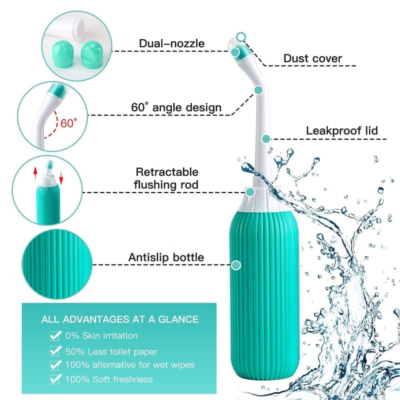 FALONG 500ml Retractable Handheld Portable BidetJet Spray for Personal Hygiene Care with 2 Nozzles and Travel Pouch Green - Image 4