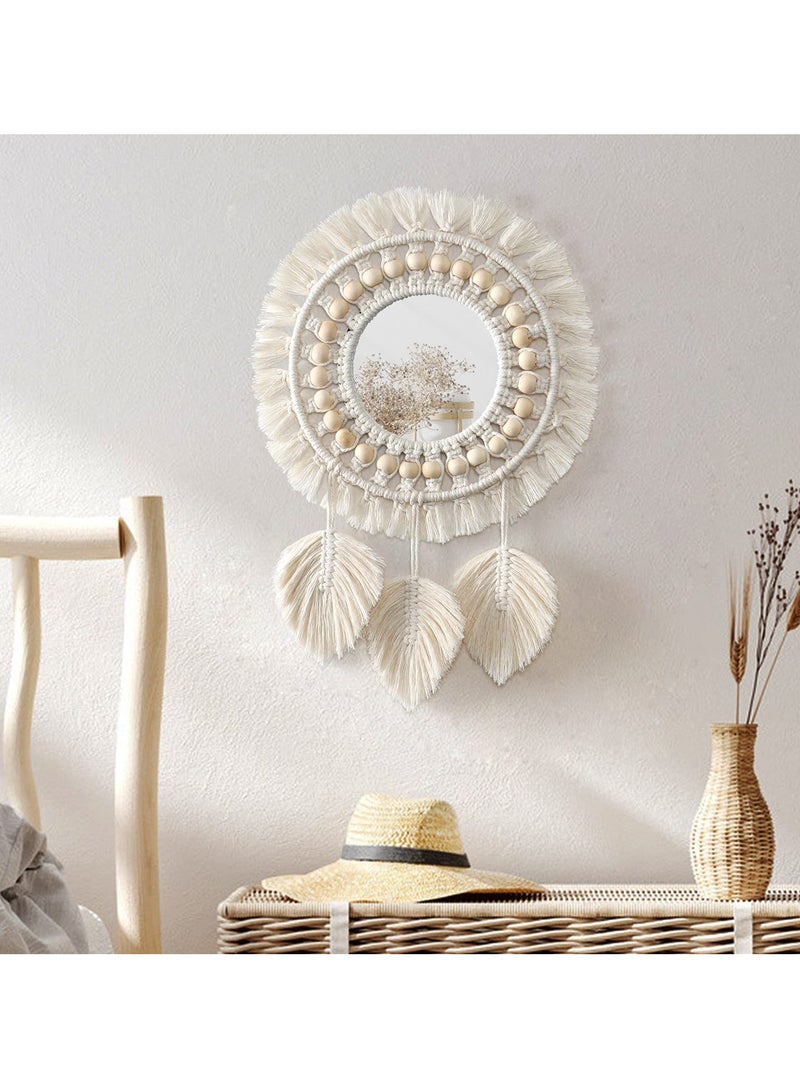 Boho Macrame Fringe Round Wall Mirror with Wood Beads and Feather Pendant, Decorative Art for Home and Bedroom Living Room Decoration and Gift - Image 1
