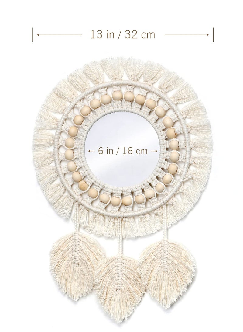 Boho Macrame Fringe Round Wall Mirror with Wood Beads and Feather Pendant, Decorative Art for Home and Bedroom Living Room Decoration and Gift - Image 5