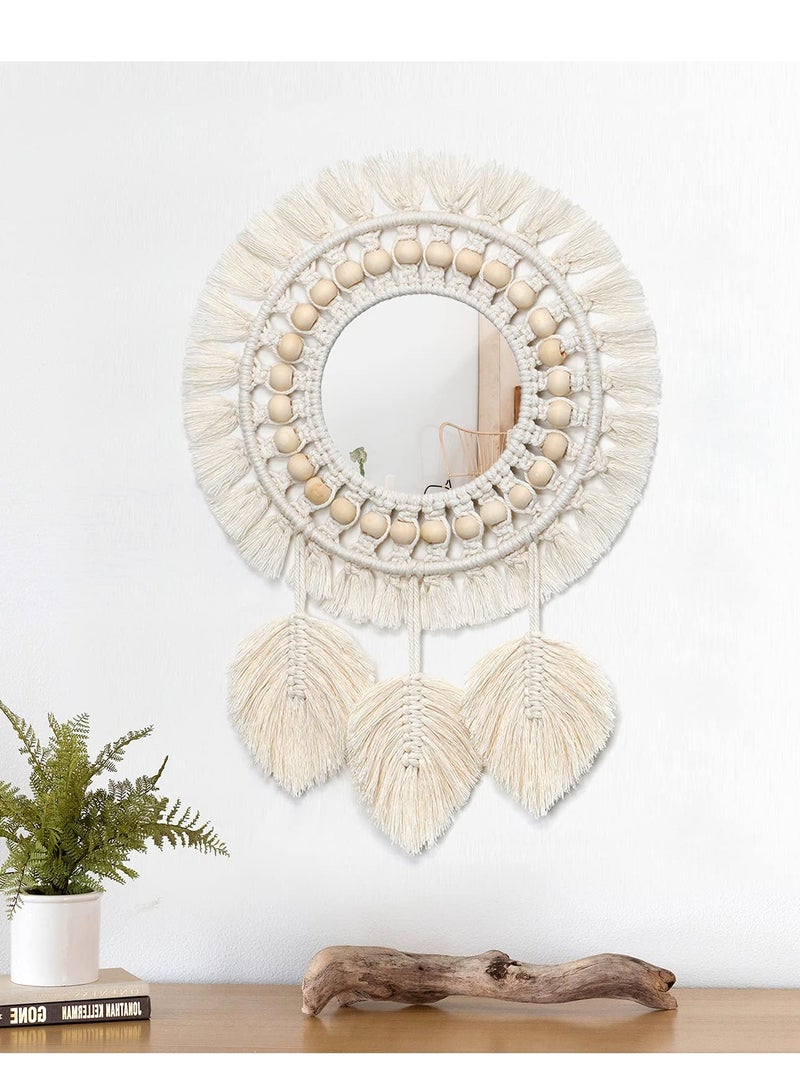 Boho Macrame Fringe Round Wall Mirror with Wood Beads and Feather Pendant, Decorative Art for Home and Bedroom Living Room Decoration and Gift - Image 4