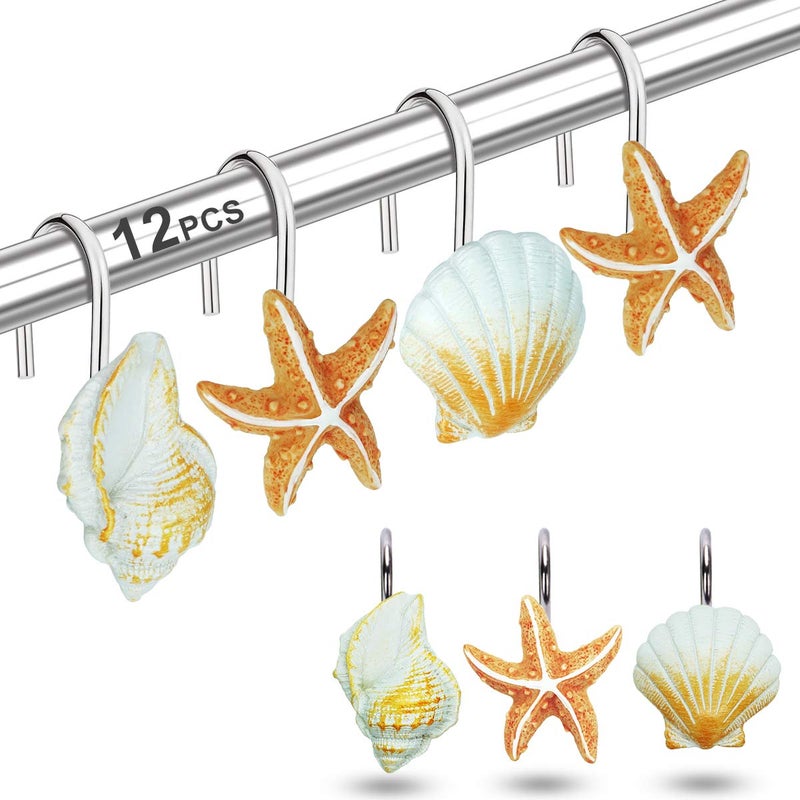 12PCS Shower Curtain Hooks Rings for Bathroom Fashion Ocean Beach Theme Home Decor Shower Curtain Hooks Seashell Light Brown Starfish Tan Conch Light Brown
