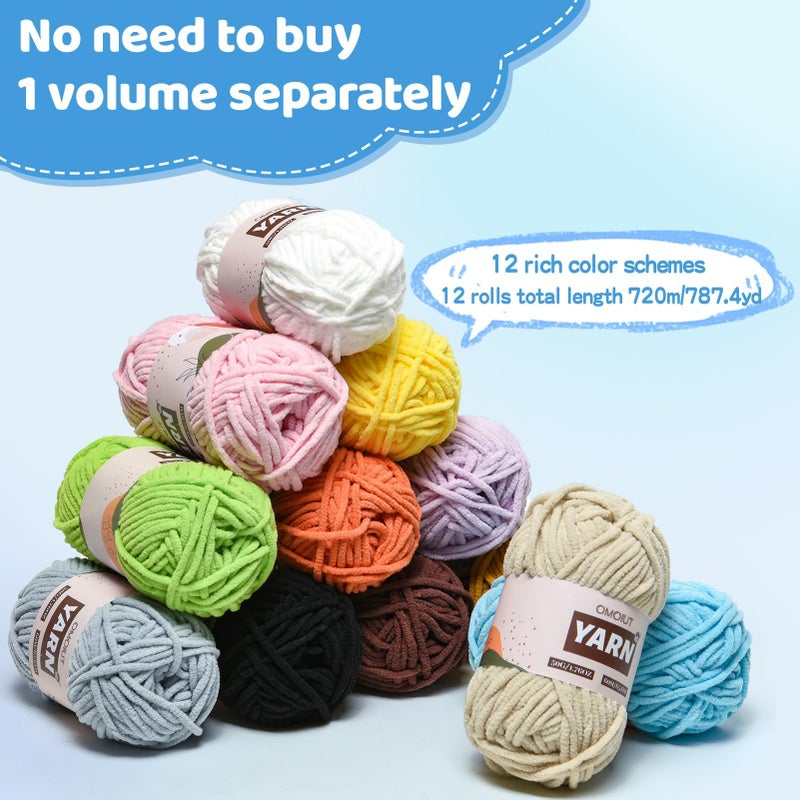 OMoiut 12 Pack Chenille Velvet Yarn - Baby Yarn for Crocheting Soft - Amigurumi Yarns Set with 600g(787yd) Crochet Yarns Crochet Hookã€Stitch Markersã€Fluffy Stuffingã€Accessories D - Image 4
