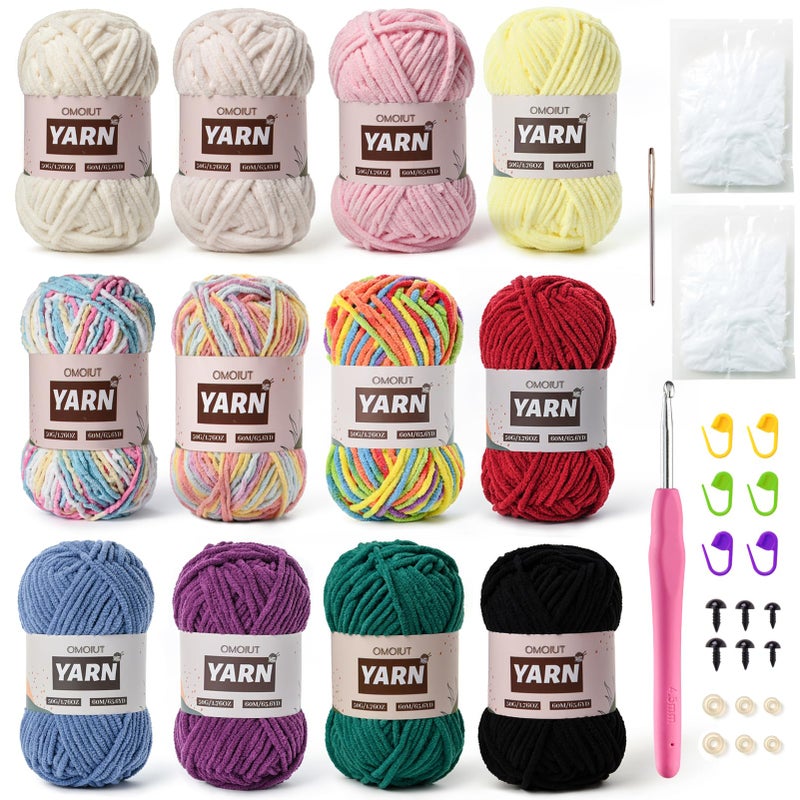OMoiut 12 Pack Chenille Velvet Yarn - Baby Yarn for Crocheting Soft - Amigurumi Yarns Set with 600g(787yd) Crochet Yarns Crochet Hookã€Stitch Markersã€Fluffy Stuffingã€Accessories D - Image 1