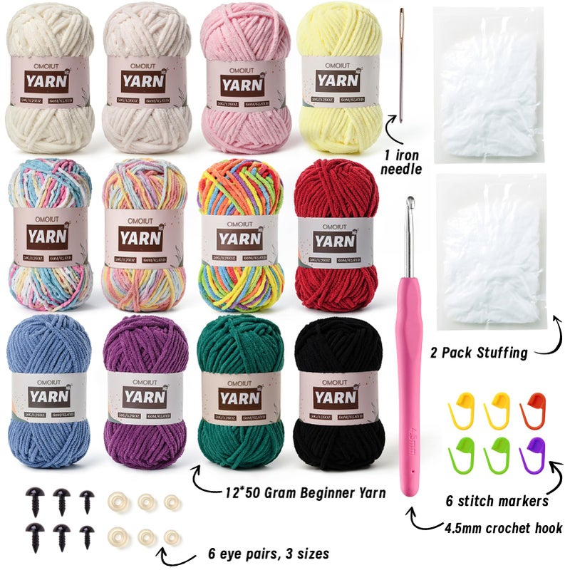 OMoiut 12 Pack Chenille Velvet Yarn - Baby Yarn for Crocheting Soft - Amigurumi Yarns Set with 600g(787yd) Crochet Yarns Crochet Hookã€Stitch Markersã€Fluffy Stuffingã€Accessories D - Image 2