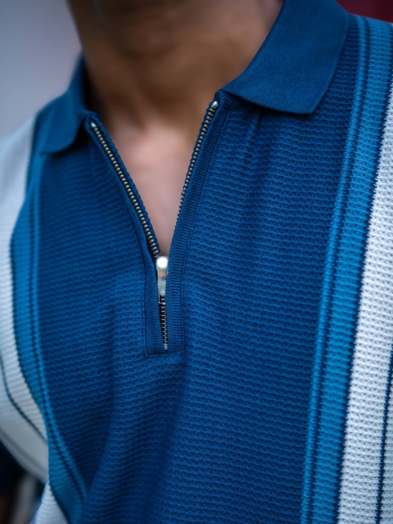 Maniac Mens Vertical Stripe Polo Neck Half Sleeve Navy Half Zipper Cottonblend T-Shirt - Image 3