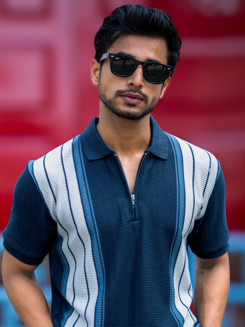 Maniac Mens Vertical Stripe Polo Neck Half Sleeve Navy Half Zipper Cottonblend T-Shirt - Image 1