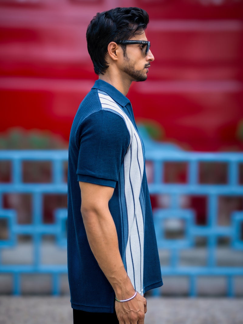 Maniac Mens Vertical Stripe Polo Neck Half Sleeve Navy Half Zipper Cottonblend T-Shirt - Image 4