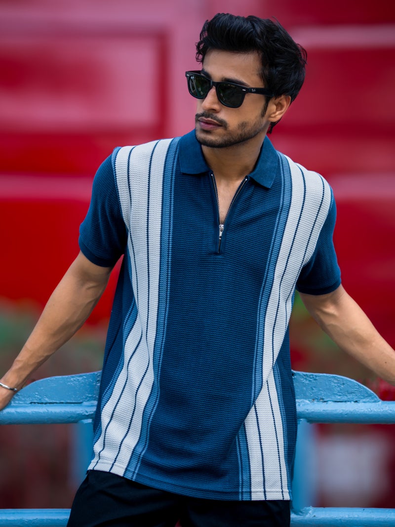 Maniac Mens Vertical Stripe Polo Neck Half Sleeve Navy Half Zipper Cottonblend T-Shirt - Image 2