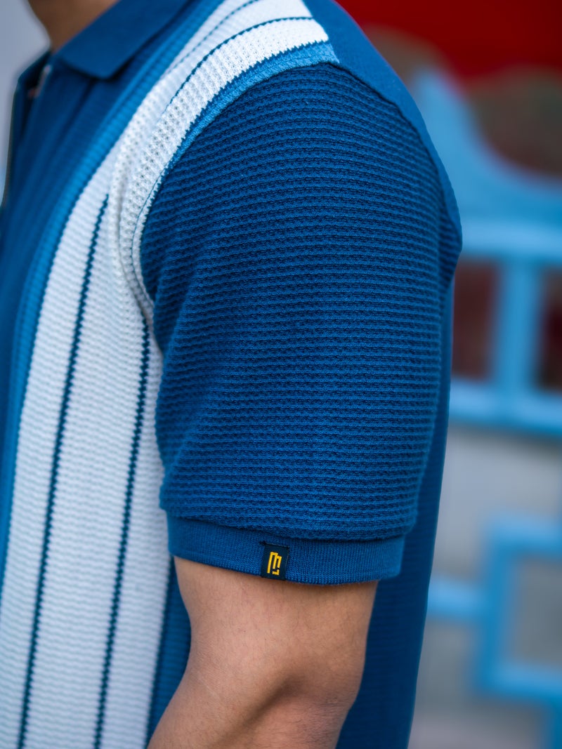 Maniac Mens Vertical Stripe Polo Neck Half Sleeve Navy Half Zipper Cottonblend T-Shirt - Image 5