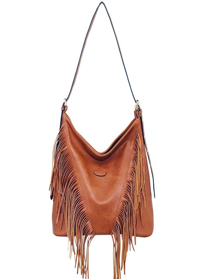 Teanea PU Leather Fringe Hobo Tote Bag Large Shoulder Bag, D Brown - Image 1