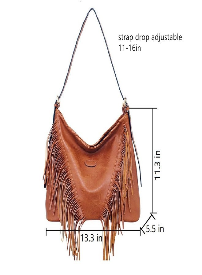Teanea PU Leather Fringe Hobo Tote Bag Large Shoulder Bag, D Brown - Image 3