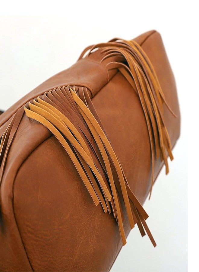 Teanea PU Leather Fringe Hobo Tote Bag Large Shoulder Bag, D Brown - Image 2