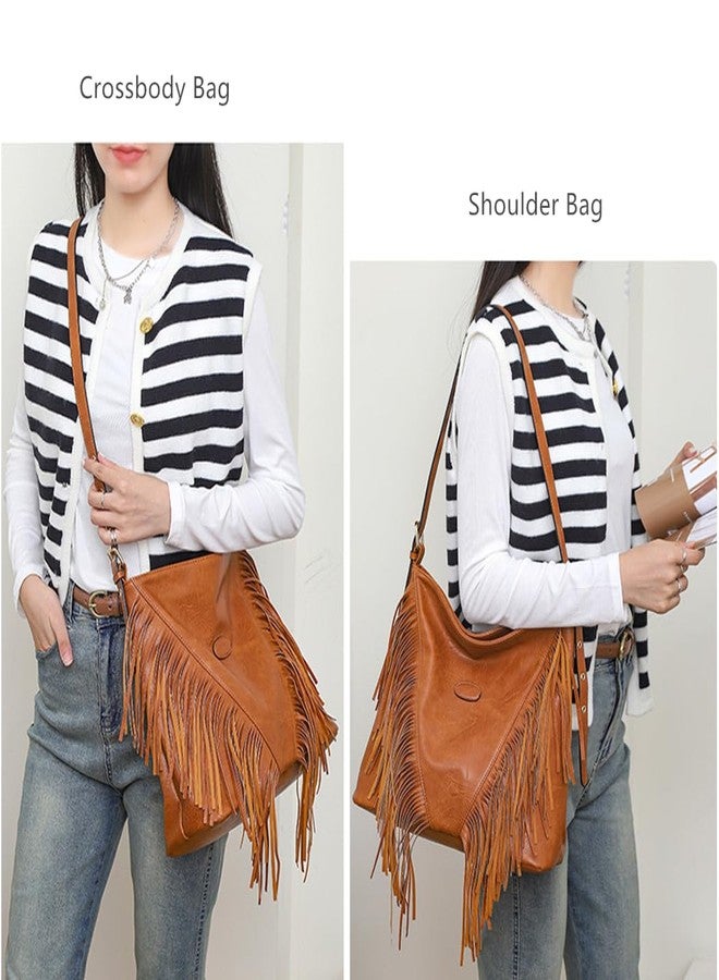 Teanea PU Leather Fringe Hobo Tote Bag Large Shoulder Bag, D Brown - Image 5