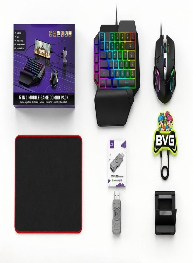 bvg 5 in 1 Mobile Game Combo Pack with RGB Mini Gaming Keyboard & Mouse with Side Button & Mobile Holder,Gaming Adapter with Mobile Game Converter for Android & iOS - Image 1
