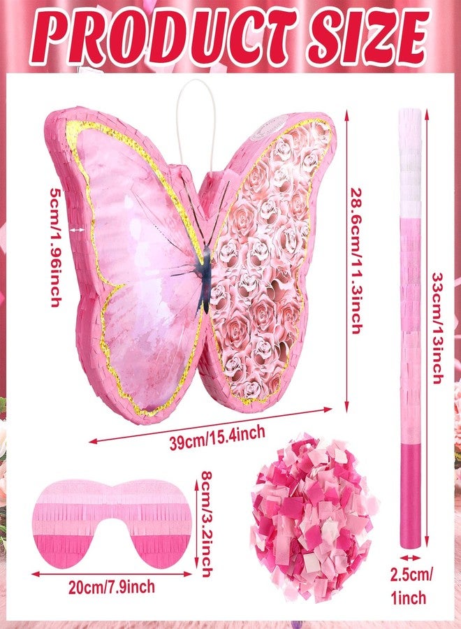 Zhanmai Small Butterfly Sunflower Piñata Girl Set Include 15.4 x 11.3 x 2 Inch Pink Piñata Bat Stick and Blindfold Mask for Girls Birthday Party Supplies Decor(Butterfly) - Image 3
