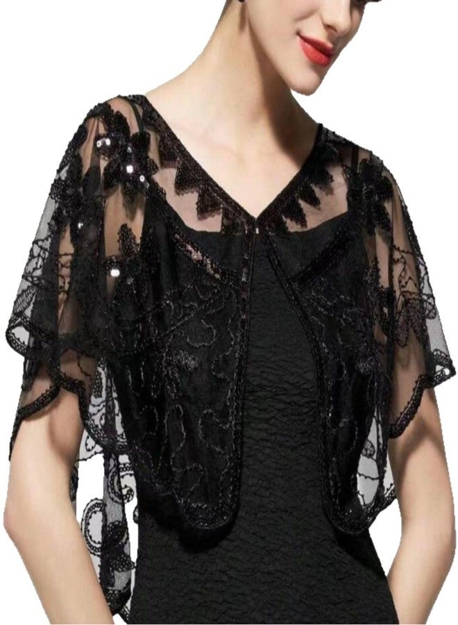 Ayliss Women Lace Wedding Shawls Wrap Bridal Embroidered Shrug Bolero Cape Shoulder Covers Up Evening Prom Party Dress, Black #1, One size - Image 1