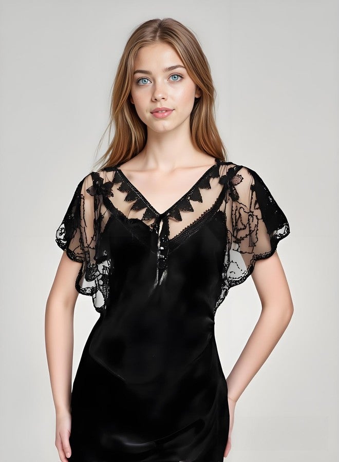 Ayliss Women Lace Wedding Shawls Wrap Bridal Embroidered Shrug Bolero Cape Shoulder Covers Up Evening Prom Party Dress, Black #1, One size - Image 3