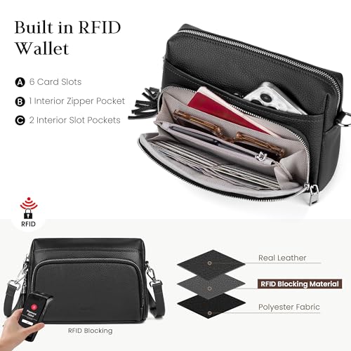 befen Black Genuine Leather Crossbody Bags for Women, Woman Anti-Theft Cross Body Shoulder Purse with Built in RFID Wallet - Image 3