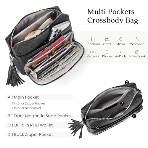 befen Black Genuine Leather Crossbody Bags for Women, Woman Anti-Theft Cross Body Shoulder Purse with Built in RFID Wallet - Image 4