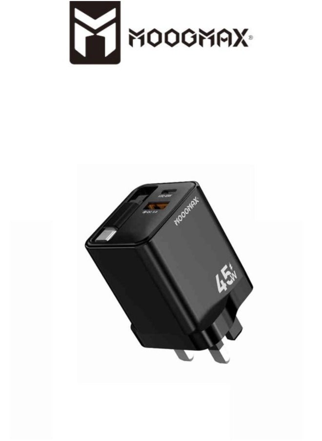 MOOGMAX Charger head with built-in Type-C cable, 45W wall charger, dual-port  (charger type c PD) & (USB), charger adapter supports Type-C iPhone charger and many other devices, type c adapter with overvoltage protection. Original type c charger from MoogMax.  - Image 1