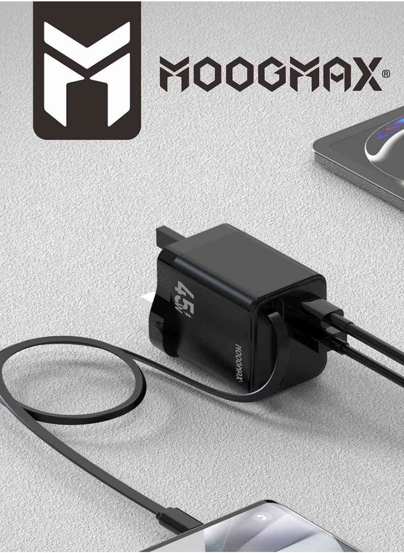 MOOGMAX Charger head with built-in Type-C cable, 45W wall charger, dual-port  (charger type c PD) & (USB), charger adapter supports Type-C iPhone charger and many other devices, type c adapter with overvoltage protection. Original type c charger from MoogMax.  - Image 2