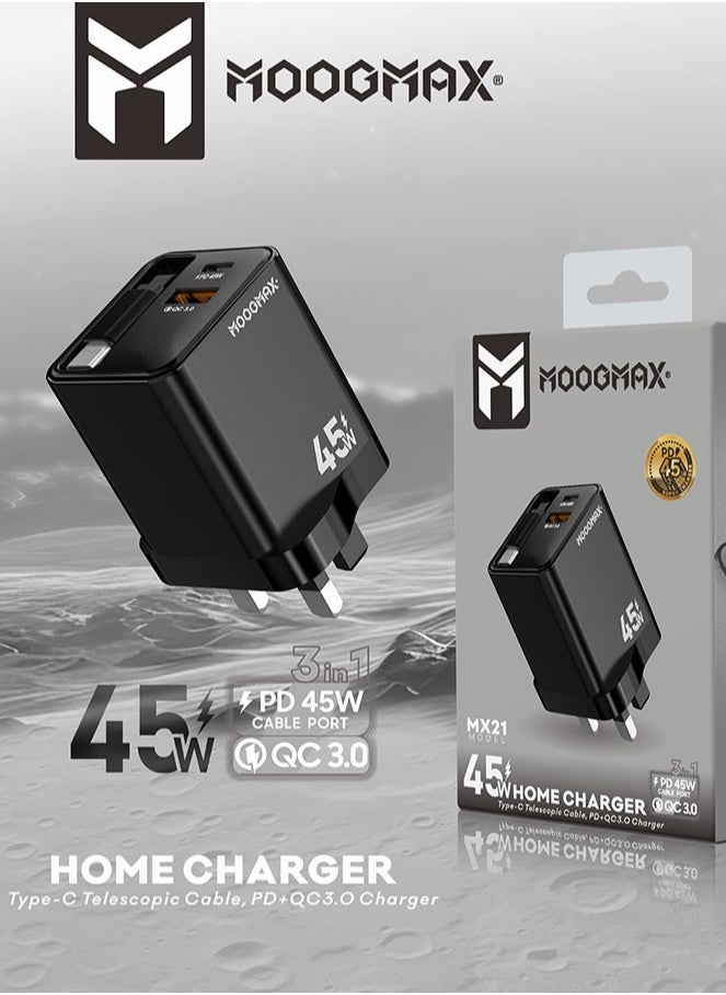 MOOGMAX Charger head with built-in Type-C cable, 45W wall charger, dual-port  (charger type c PD) & (USB), charger adapter supports Type-C iPhone charger and many other devices, type c adapter with overvoltage protection. Original type c charger from MoogMax.  - Image 3
