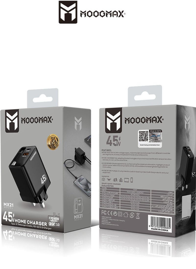 MOOGMAX Charger head with built-in Type-C cable, 45W wall charger, dual-port  (charger type c PD) & (USB), charger adapter supports Type-C iPhone charger and many other devices, type c adapter with overvoltage protection. Original type c charger from MoogMax.  - Image 4