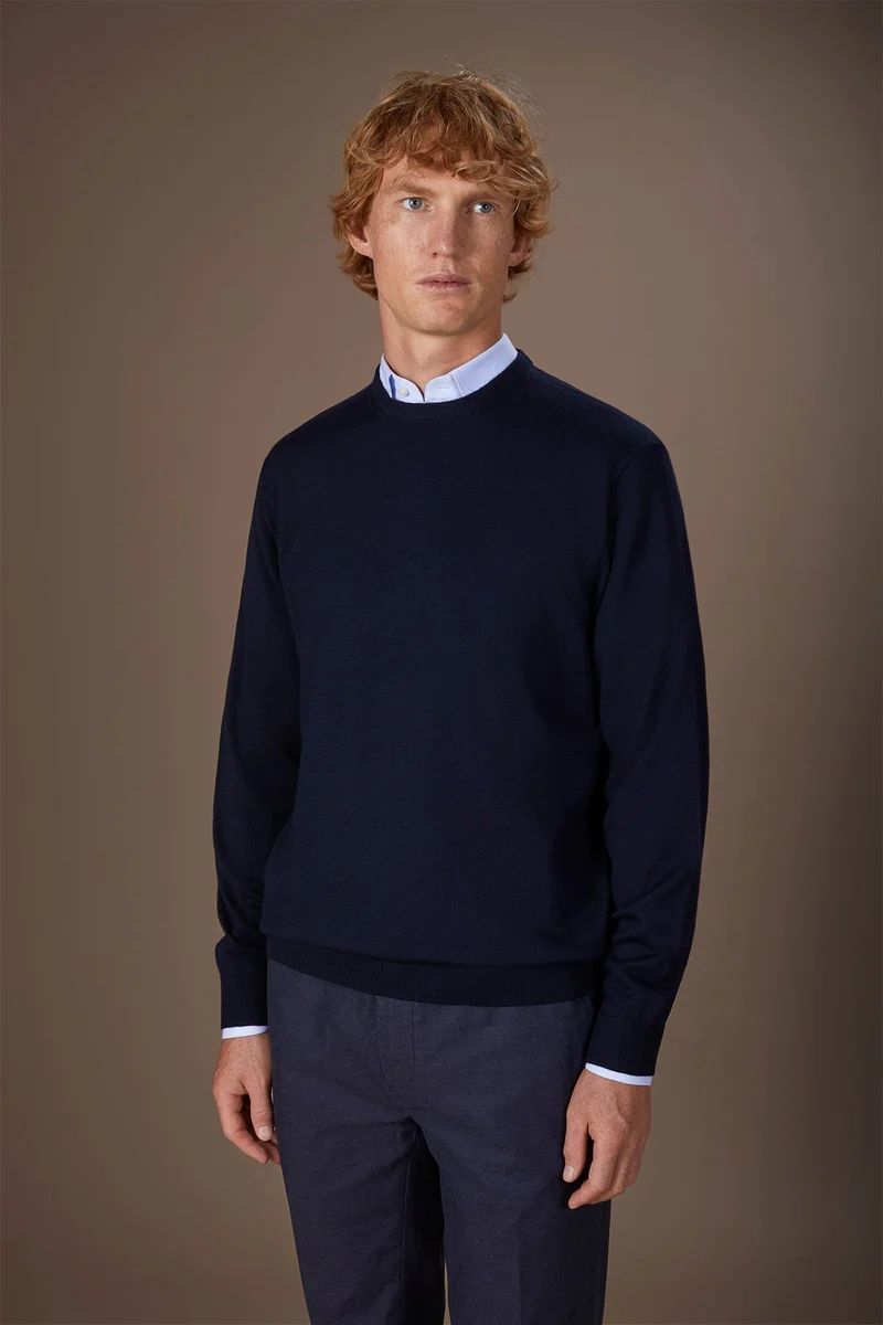 دوبل غانغر Men's regular fit crew neck jumper in 100% extra fine merino wool - DK Blue