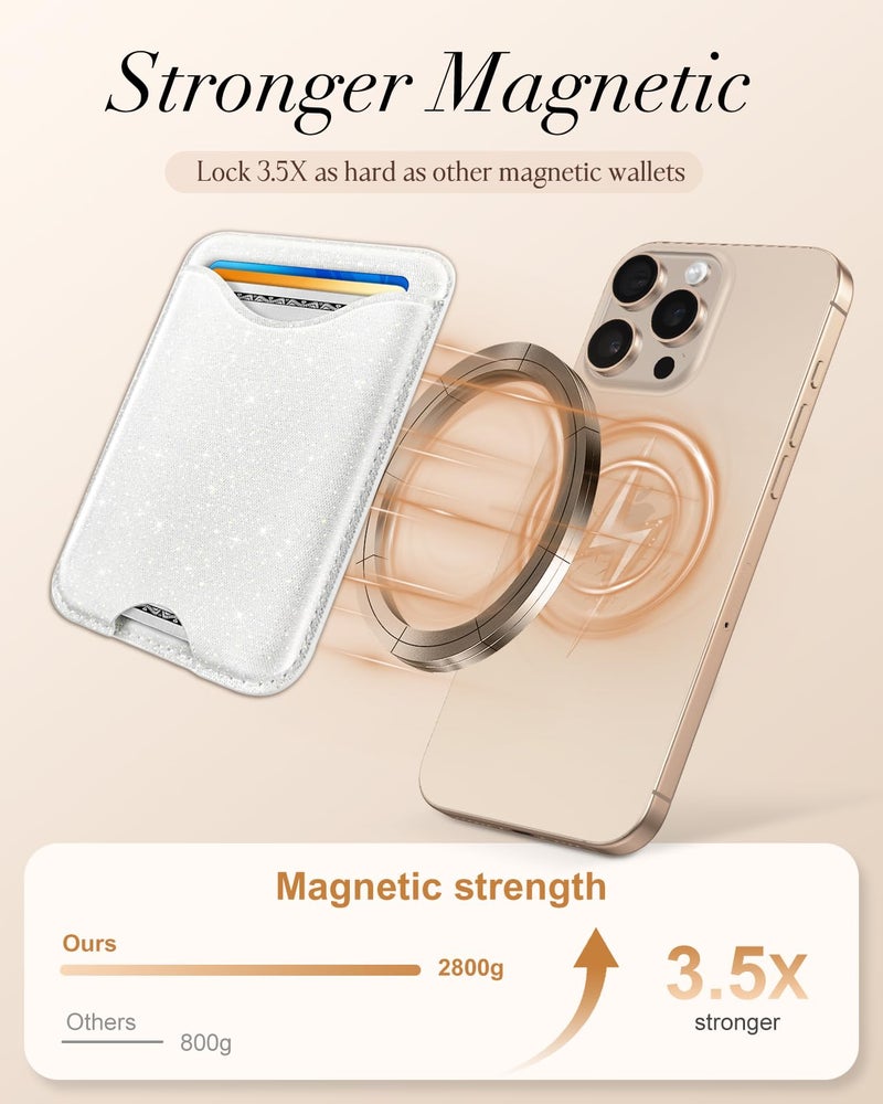 Shorogyt Phone Wallets Compatible with Magsafe Wallet Glitter - Magnetic Card Holder White for Women Teen Girls for iPhone 17/16/15/14/13/12 Series Slim for Apple Mag RFID Magnet, Fit 3 Cards - Image 3