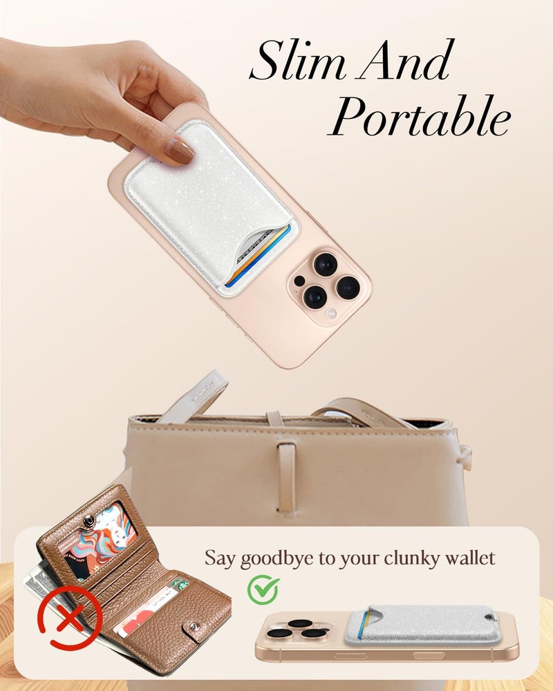 Shorogyt Phone Wallets Compatible with Magsafe Wallet Glitter - Magnetic Card Holder White for Women Teen Girls for iPhone 17/16/15/14/13/12 Series Slim for Apple Mag RFID Magnet, Fit 3 Cards - Image 2