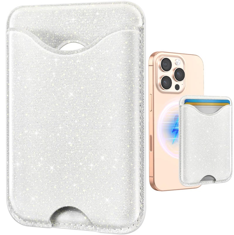 Shorogyt Phone Wallets Compatible with Magsafe Wallet Glitter - Magnetic Card Holder White for Women Teen Girls for iPhone 17/16/15/14/13/12 Series Slim for Apple Mag RFID Magnet, Fit 3 Cards - Image 1