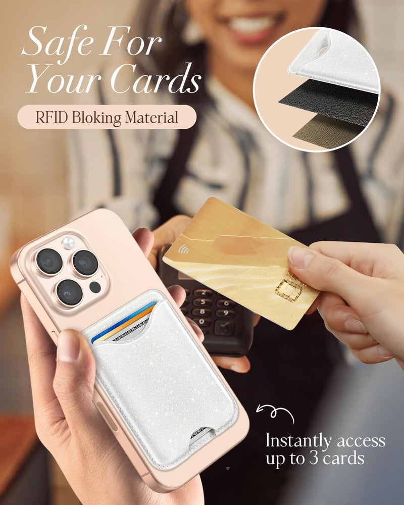 Shorogyt Phone Wallets Compatible with Magsafe Wallet Glitter - Magnetic Card Holder White for Women Teen Girls for iPhone 17/16/15/14/13/12 Series Slim for Apple Mag RFID Magnet, Fit 3 Cards - Image 5