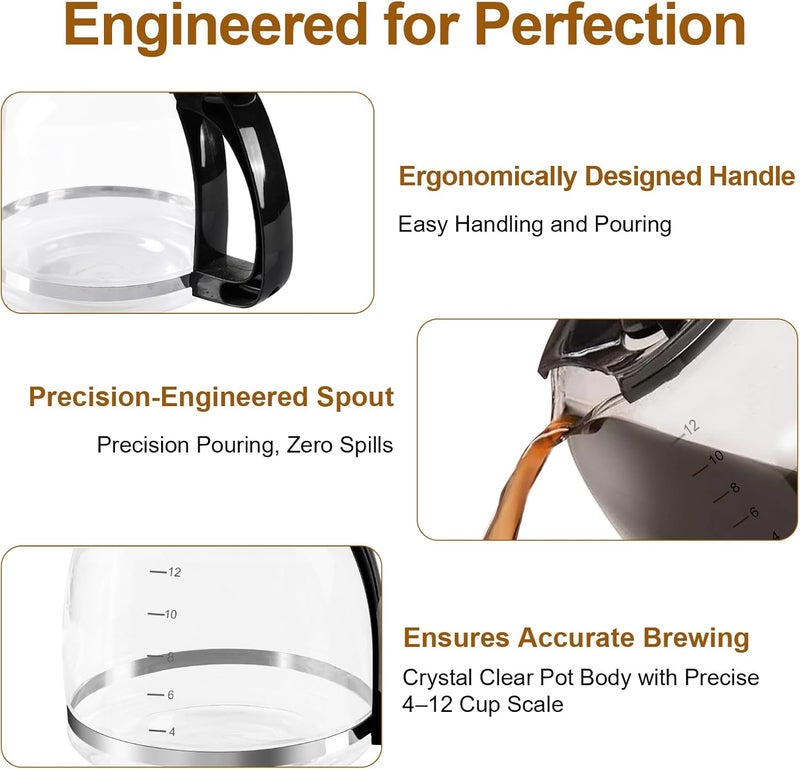 إبريق زجاجي بسعة 12 كوب قابل للاستبدال لأجهزة تحضير القهوة من ماركات Mr Coffee، Black & Decker، Hamilton Beach، KitchenAid، وغيرها؛ سعة الإبريق 1.8 لتر، مزود بمقبض و3 أغطية قابلة للتثبيت بسهولة بأحجام مختلفة. - Image 5