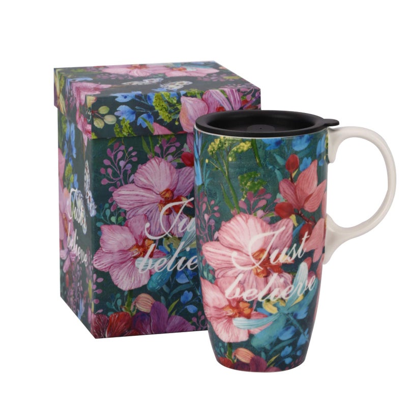 DUSVALLY Ceramic Travel Mug Tall Coffee Cup with Lid Porcelain Tea Cup with Handle for Latte Cappuccino and Cocoa Home and Office Coffee Cups Color Box 17 oz Just Believe