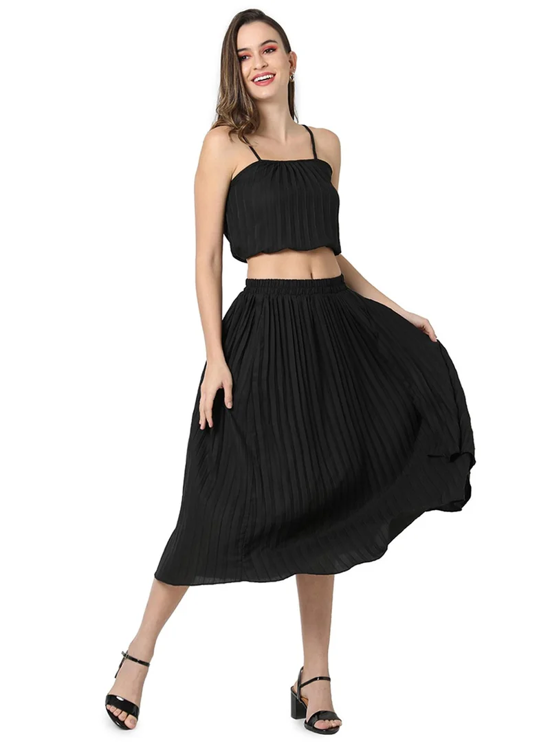 PINACOLADA Women's Midnight Black Pleated Co-Ord Set For Casual Wear | Shoulder Straps | Sleeveless | Pull On Closure | Co-Ords Designed With Comfort Fit For Woman & Girls