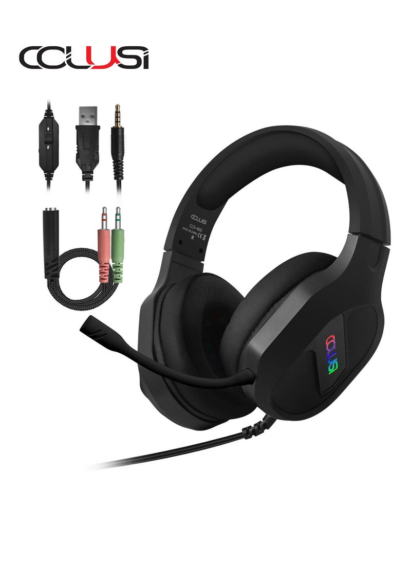 COLUSI CLS-400 RGB Gaming Headset, Wired Over-Ear Headphones with 50mm Drivers, Noise-Cancelling Mic, Surround Stereo Sound, Ultra Comfort Earpads, 3.5mm & Type-C for PC, PS5, Xbox - Image 1