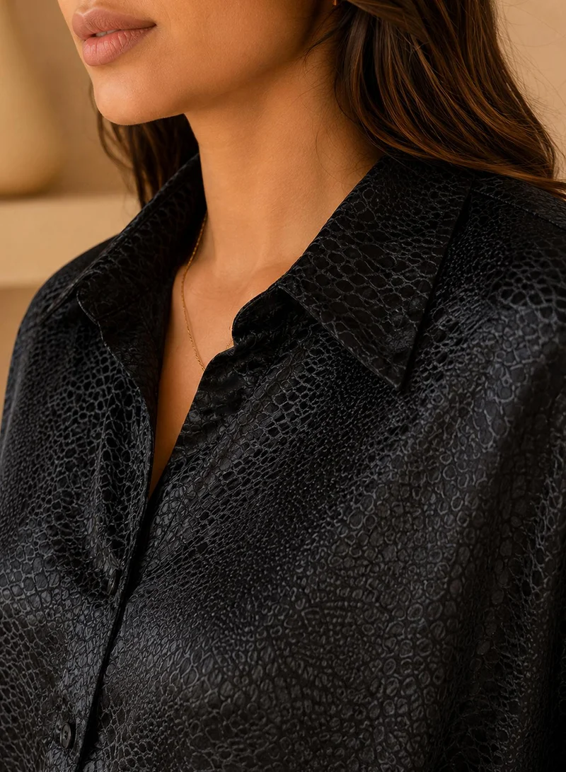 Pinacolada  Women's Black Animal Print Oversized Shirt For Casual Wear | Collared Neck | Long Sleeve | Button Closure | Shirt Crafted With Polyester Comfort Fit For Everyday Wear for Women | Best Price UAE
