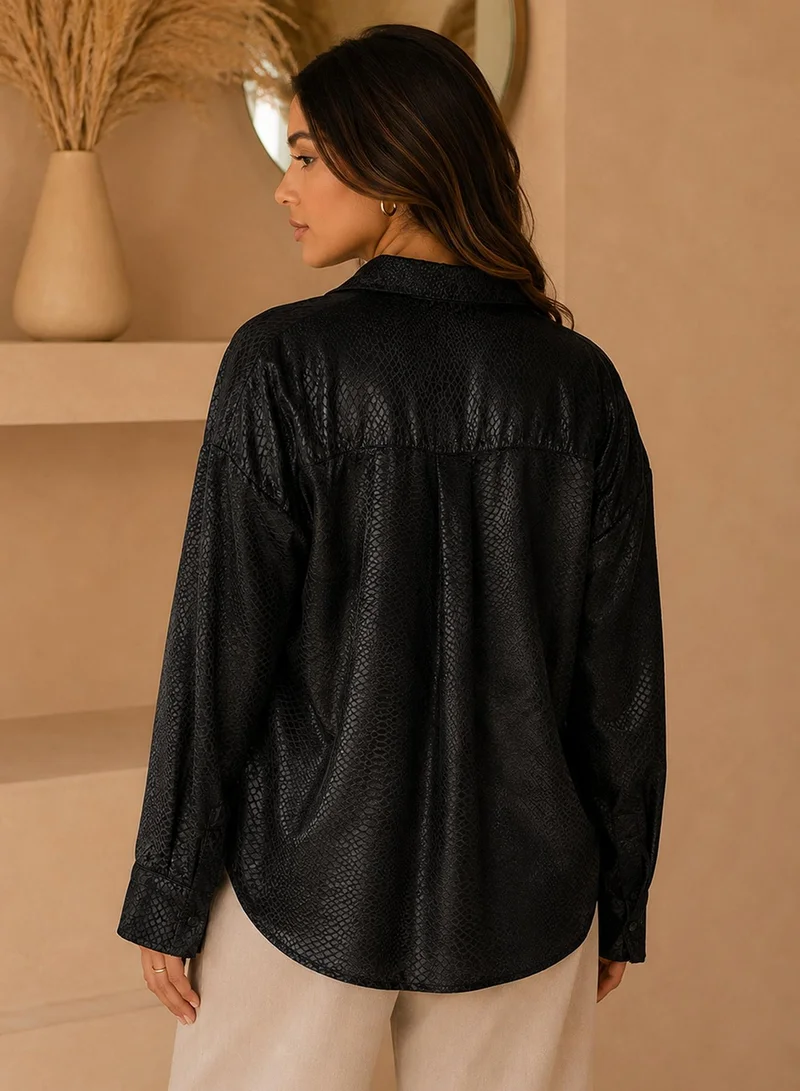 Pinacolada  Women's Black Animal Print Oversized Shirt For Casual Wear | Collared Neck | Long Sleeve | Button Closure | Shirt Crafted With Polyester Comfort Fit For Everyday Wear for Women | Best Price UAE