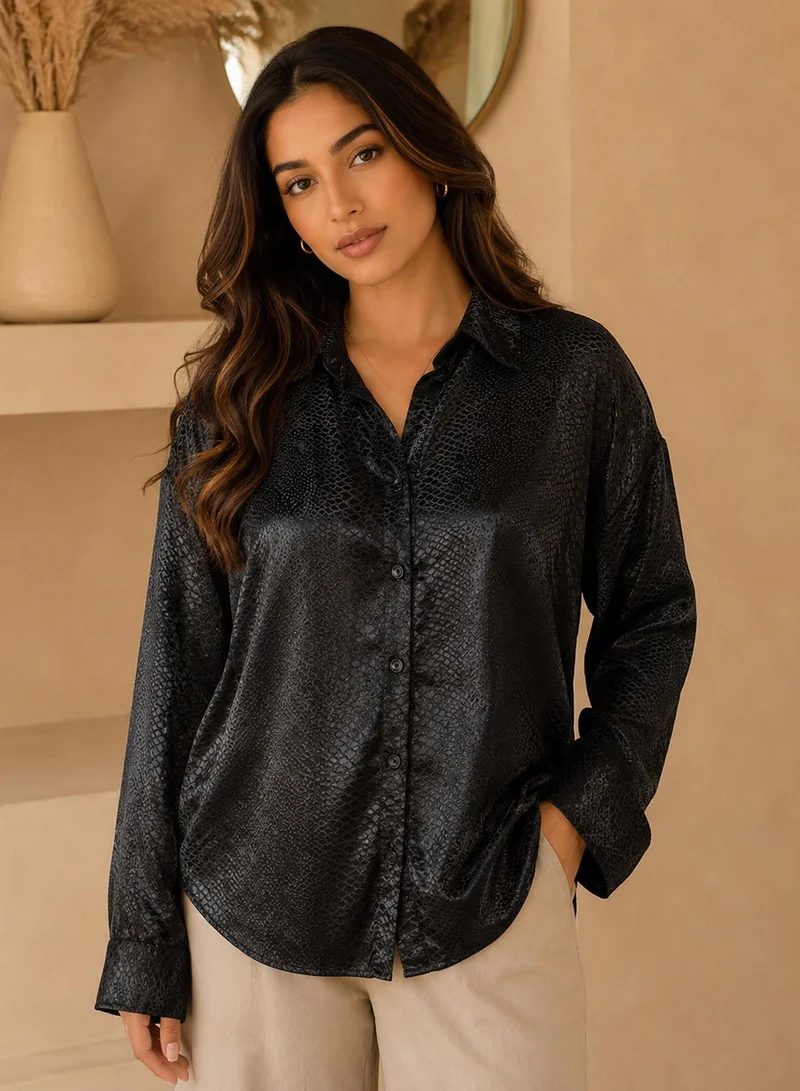 Pinacolada Women's Black Animal Print Oversized Shirt For Casual Wear | Collared Neck | Long Sleeve | Button Closure | Shirt Crafted With Polyester Comfort Fit For Everyday Wear