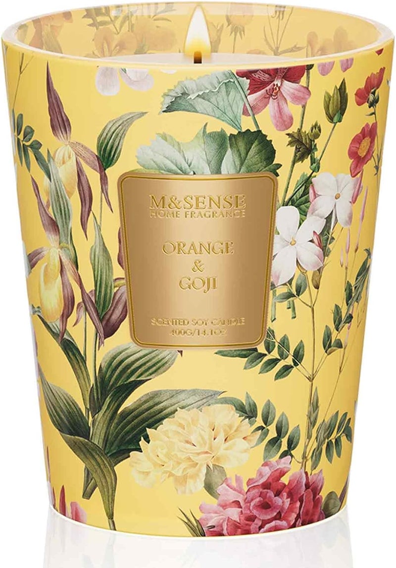 إم آند سينس شمعة معطرة من M&SENSE في زجاج برتقال وعنب الثعلب | 400 جرام شمع صويا، وقت احتراق 75 ساعة، عطر فواكه، احتراق نظيف، طاقة للمنزل والمكتب، غير سامة - Image 1