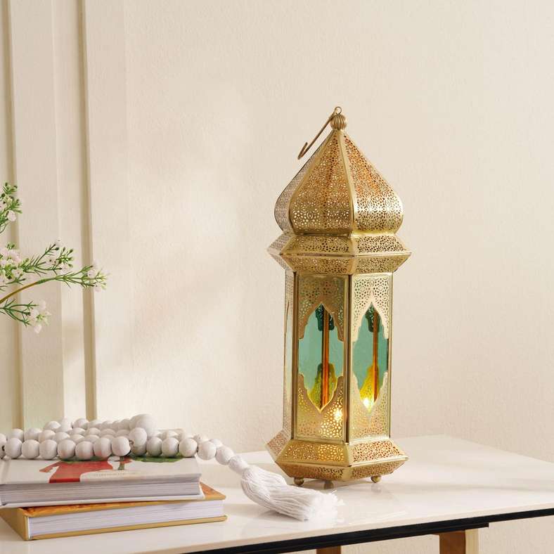 Pan Home فانوس معدني ذهبي مع زجاج أخضر لتزيين المنزل